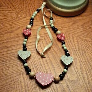 vintage wood heart bead necklace ribbon tie pink sage black country cottage folk